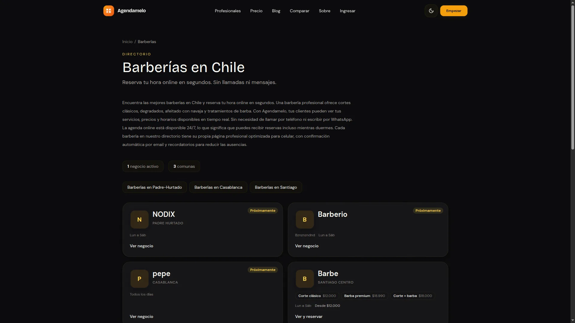 Barberías en Chile directory on agendamelo.cl with tenant cards showing services and prices