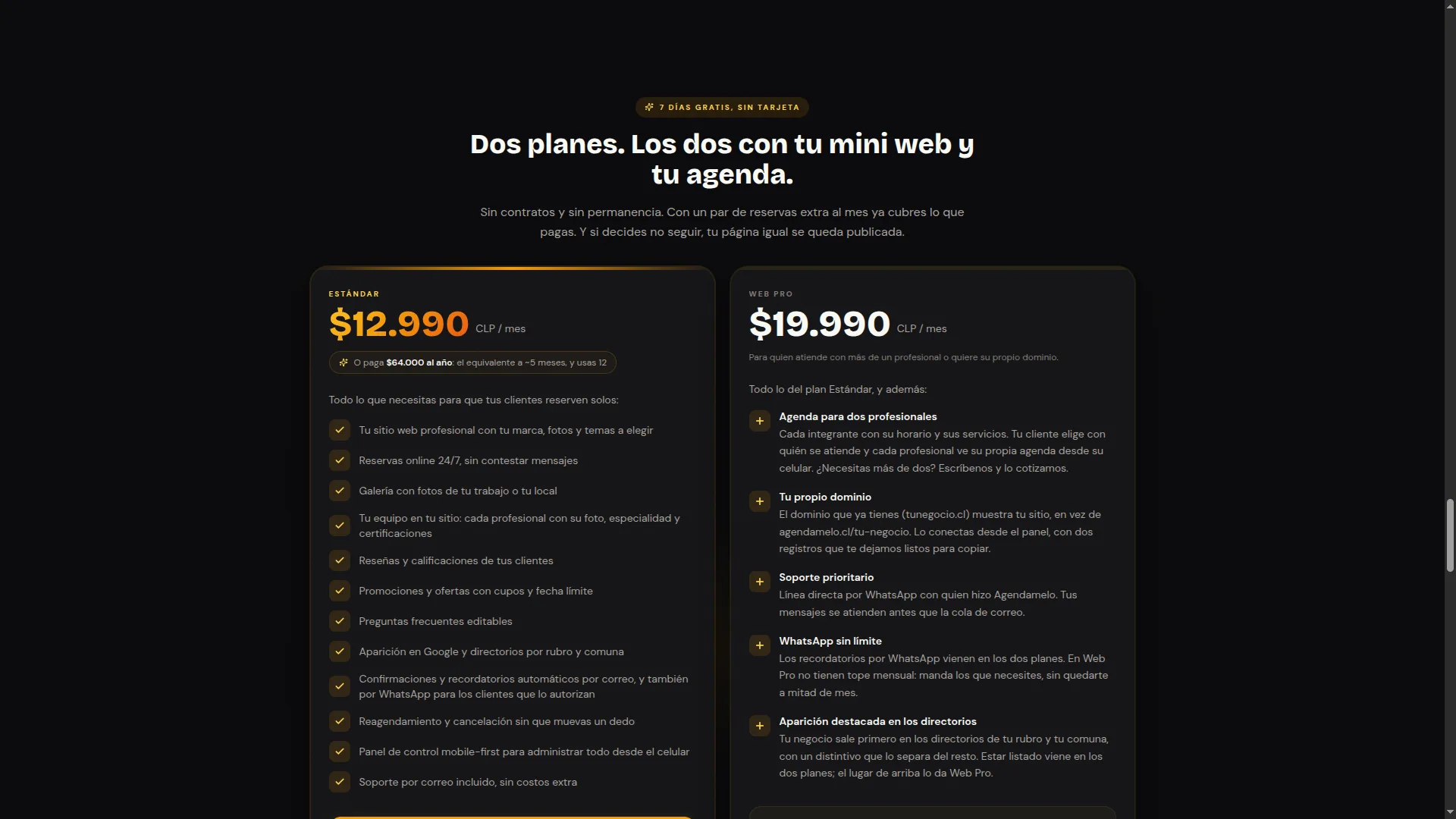 Estándar and Web Pro plans on agendamelo.cl with published CLP prices