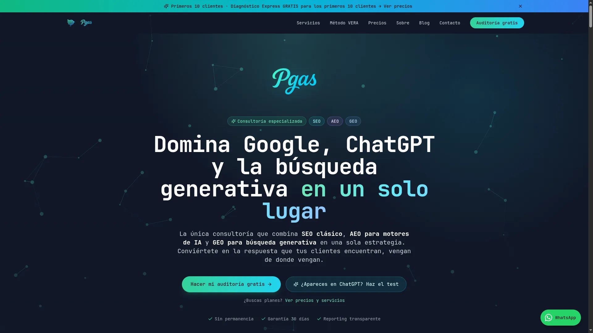 pgas.online homepage: SEO, AEO and GEO consultancy with the VERA method