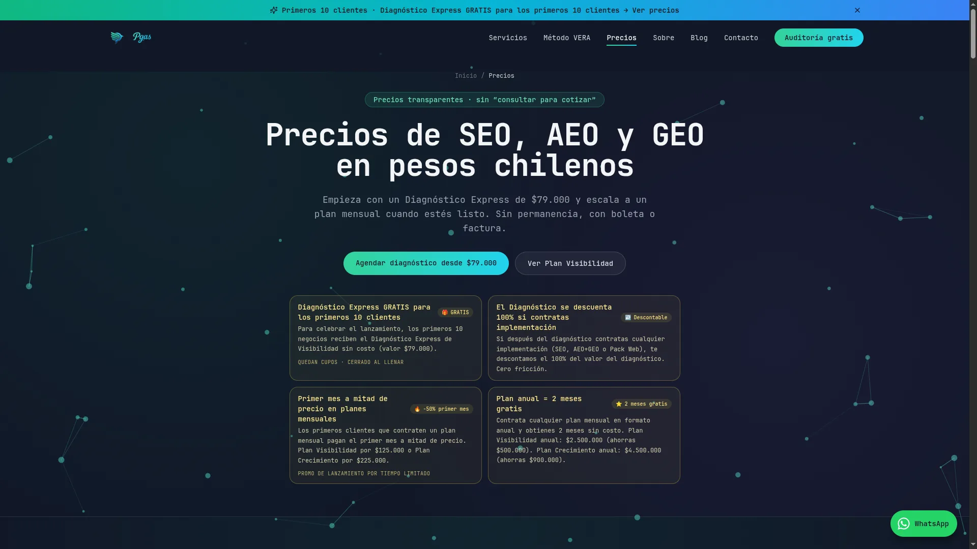 PGAS pricing page in Chilean pesos, with one-shot and monthly catalog