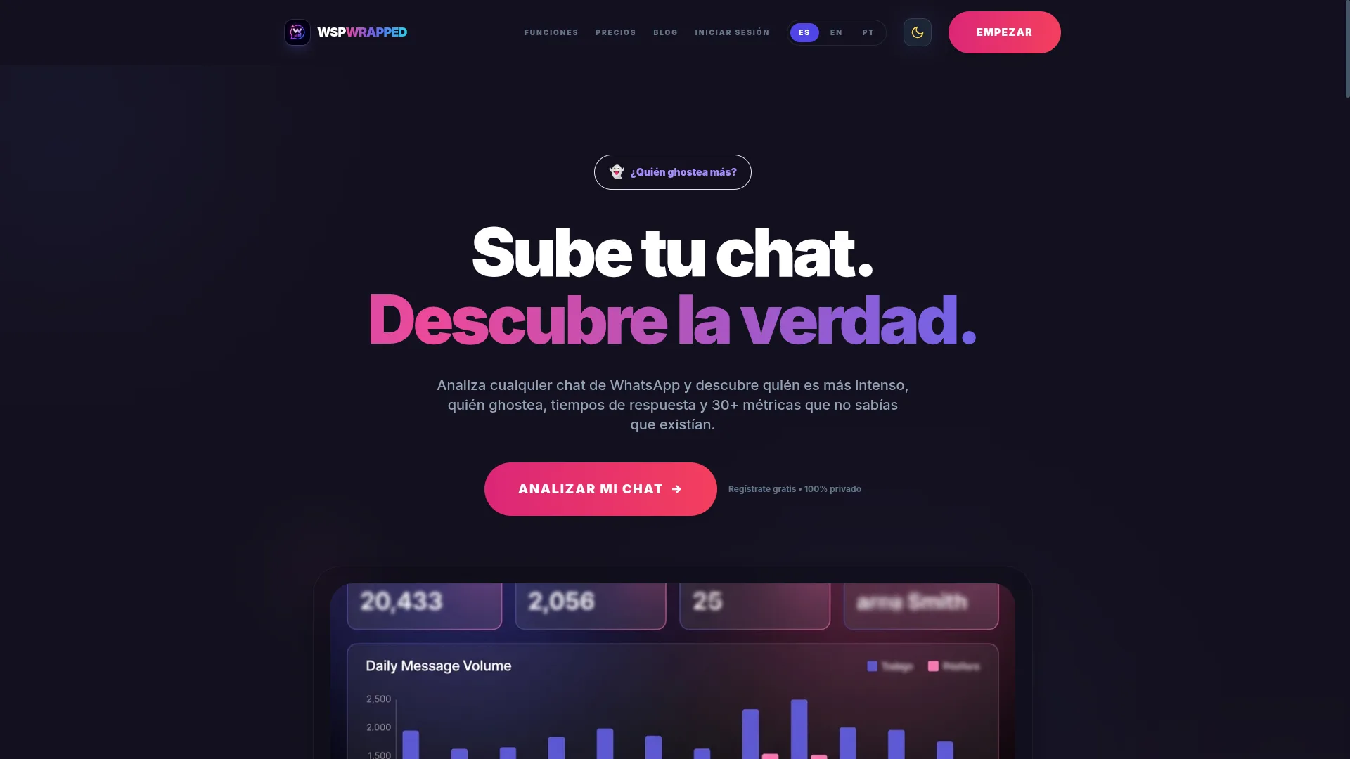 WspWrapped Spanish homepage: Sube tu chat. Descubre la verdad., locale ES selected